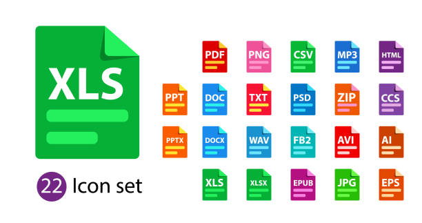 Collection of vector icons. File format extensions icons. Collection of vector icons. File format extensions icons. PDF, DOC, JPG, PSD, MP3, TXT, DOC, DOCx, ZIP, PPT, XLS. adobe material stock illustrations