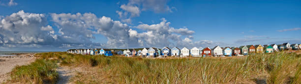 istock Panoramic view of Beach Huts overlooking beach and sea in Mudeford,Dorset 1227508888