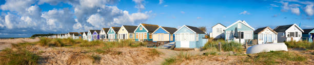 Panoramic view of Beach Huts overlooking beach and sea in Mudeford,Dorset