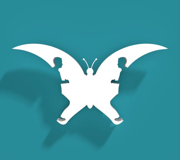 A butterfly or two man profile view. Optical illusion. Human make silhouette of insect. 3D rendering