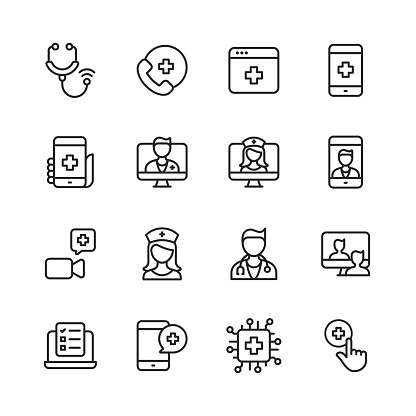 16 Telemedicine Outline Icons. Stethoscope, Telemedicine, Digital Healthcare, Healthcare Application, Calling Hospital, Video Call with Doctor, Online Consultation, Video Calling a Doctor, Nurse, Doctor, Man Describes Symptoms using Telemedicine, Checklist, Artificial Intelligence in Healthcare.