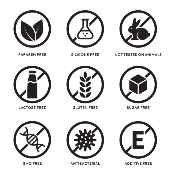 Set of icons Set of icons Gluten Free, Lactose Free, GMO Free, Paraben, Food additive, Sugar free, Not Tested on Animals, Antibacterial, Silicone vector icons allergy icon stock illustrations