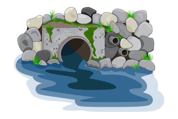 Wastewater. Water pollution from industrial pipe. Wastewater discharge from plant. Plant wastewater emissions into river. Environmental pollution. Ecological disaster, dirty toxic effluents, environmental pollution, sewage and drainage toxins dirty water, pond contamination. Vector river system stock illustrations