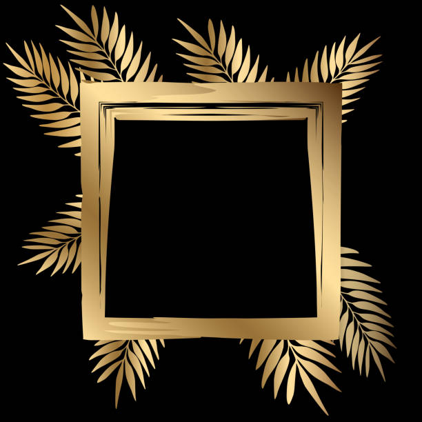 istock Floral golden squared frame with exotic branches on black background. Ornate border with tropic leaves. Vector stock illustration for wallpaper, posters, card.  Doodle style. Copy space. 1227512953