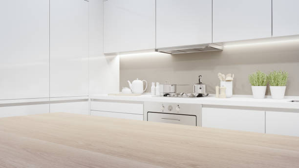 Cabinet of modern kitchen in luxury house. Home interior 3d rendering with empty wooden top counter for product display. stove stock pictures, royalty-free photos & images