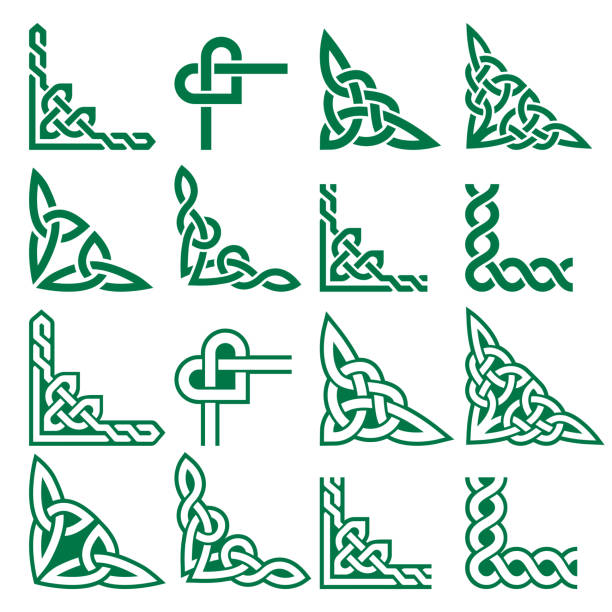 ilustraciones, imágenes clip art, dibujos animados e iconos de stock de conjunto de diseño de esquinas vectoriales celtas irlandesas, patrones de marco verde trenzado - tarjeta de felicitación y elementos de diseño de invititon - celta