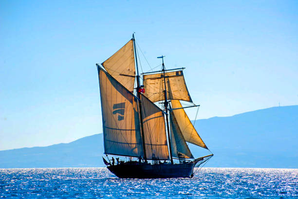 vieux bateau de grande hauteur - brigantine sailing ship old nautical vessel photos et images de collection