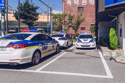 Busan, South Korea - September 14, 2019: stationed police cars of Korean Police forces