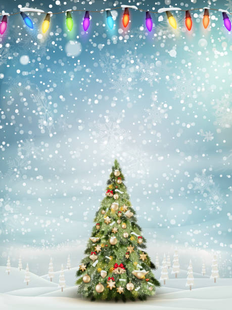 istock Christmas fir tree on winter landscape. EPS 10 1227519281