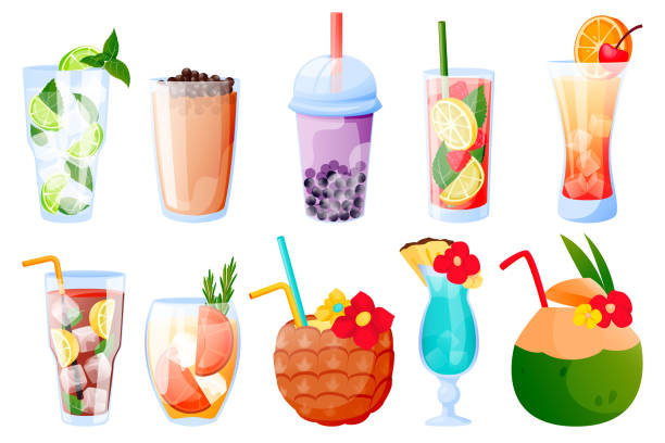 ilustrações de stock, clip art, desenhos animados e ícones de summer tropical drinks, isolated on white background. vector illustration. bubble tea, lemonade, alcoholic cocktails - malt white background alcohol drink