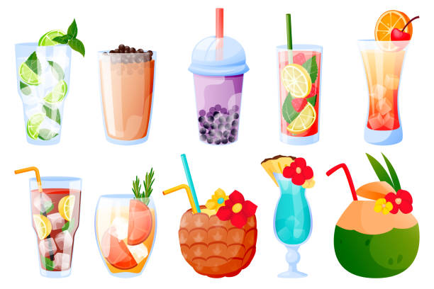 летние тропические напитки, изолированные на белом фоне. векторная иллюстрация. пузырь чай, лимонад, алкогольные коктейли - lime juice illustrations stock illustrations