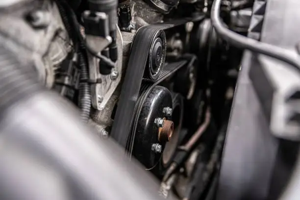 Car engine fan belt and v-belt powering alternator, water pump and air conditioner compressor.