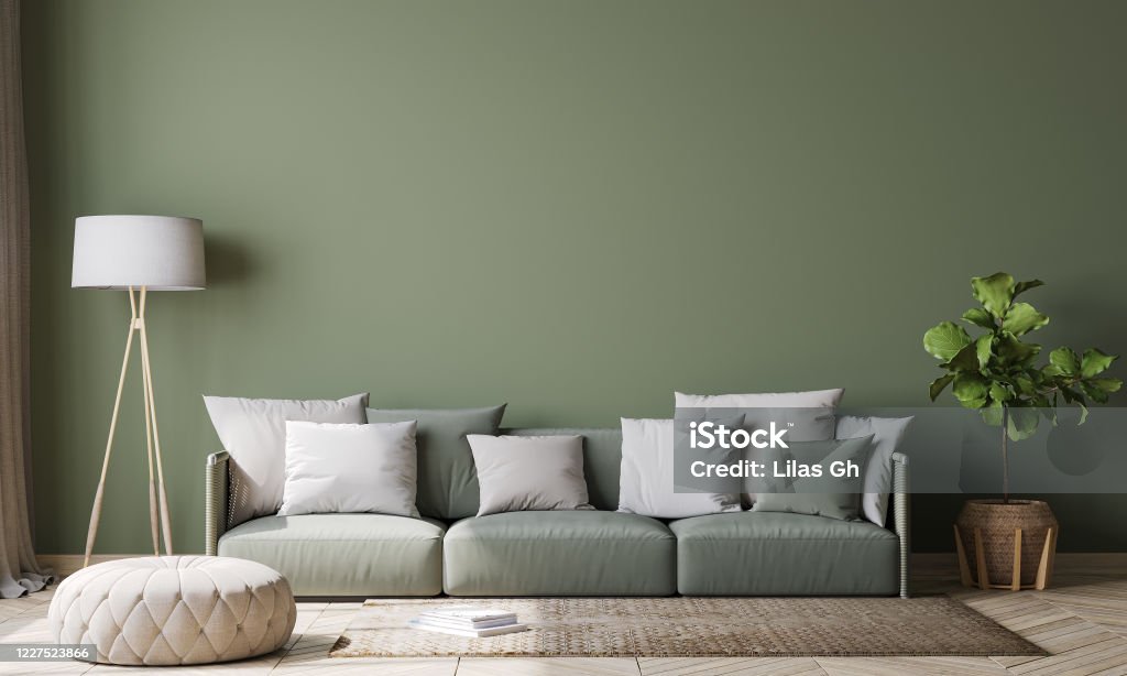 Contemporary interior design for interior mock up in living room. Scandinavian home decor. Stock photo Contemporary interior design for interior mock up in living room.  Scandinavian home decor with green couch, rattan pot and floor lamp, template, 3d render Living Room Stock Photo
