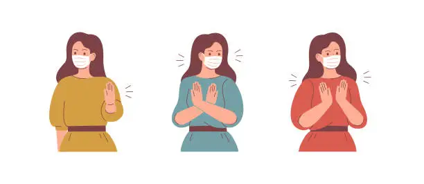 Vector illustration of Women wear face masks and say STOP with the gesture.