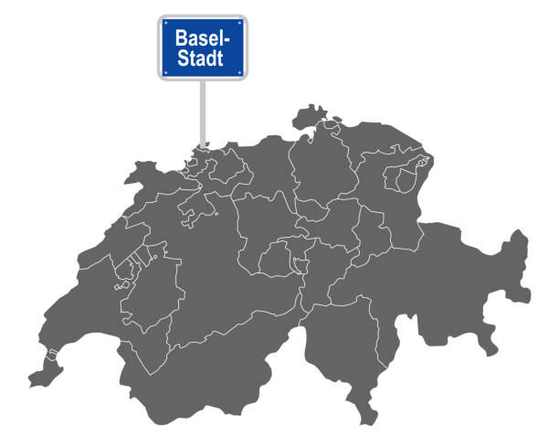 바젤 슈타트의 도로 표지판이있는 스위스지도 - in der stadt stock illustrations