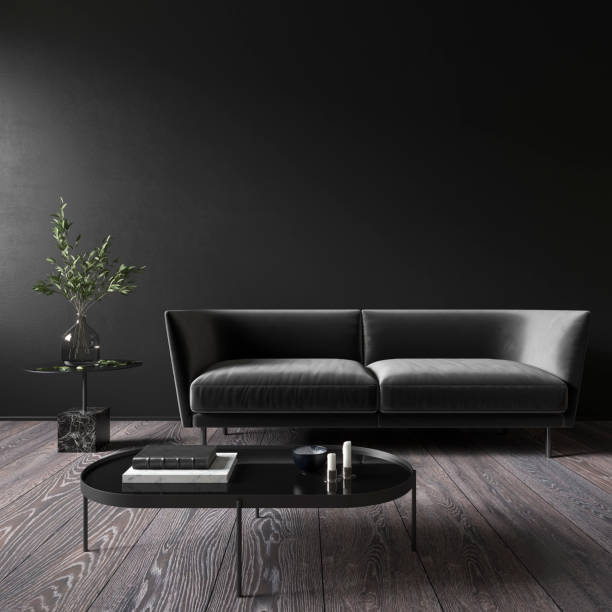 istock Black minimalistic interior with sofa and coffee table. 3d render illustration mock up. 1227530061