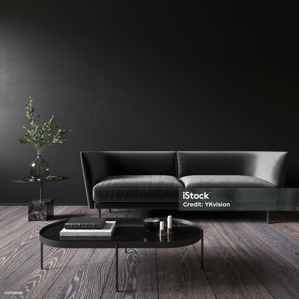 Black minimalistic interior with sofa and coffee table. 3d render illustration mock up. Black Color Stock Photo