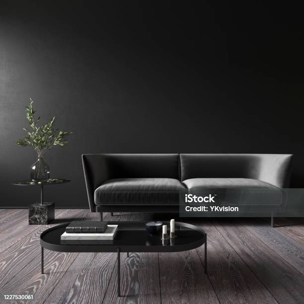 Black Minimalistic Interior With Sofa And Coffee Table 3d Render Illustration Mock Up Stock Photo - Download Image Now