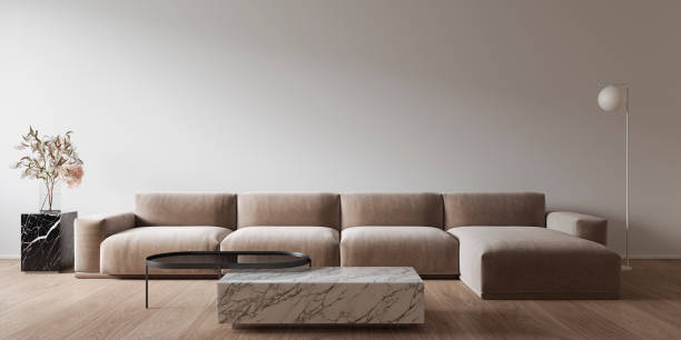 istock White minimalistic interior with marble coffee table and sofa. 3d render illustration mock up. 1227530201