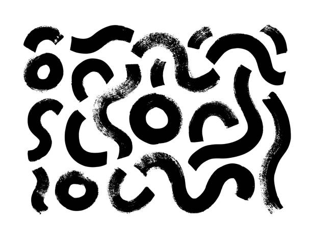 ilustrações de stock, clip art, desenhos animados e ícones de black paint brush strokes vector collection. hand drawn curved and wavy lines with grunge circles. - curva forma ilustrações