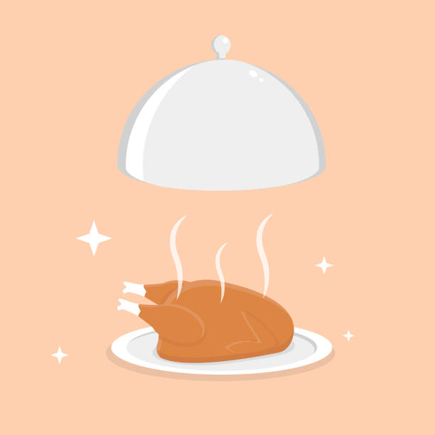 ilustraciones, imágenes clip art, dibujos animados e iconos de stock de pollo asado recién cocinado con ilustración vectorial de bandeja de servicio - roast chicken illustrations
