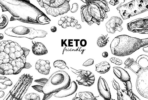 Keto diet vector drawing. Ketogenic hand drawn template. Vintage engraved sketch Keto diet vector drawing. Ketogenic hand drawn template. Vintage engraved sketch. Organic food - seafood, vegetables, eggs, meat, nuts. Healthy eating concept, paleo products, label, banner, packaging meat borders stock illustrations