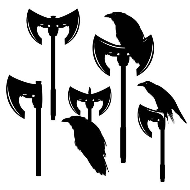 raven ptak i viking pole topór czarno-biały zestaw projektowy wektor - halberd stock illustrations
