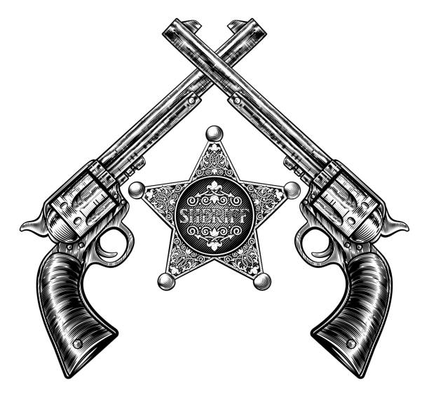 skrzyżowane pistolety i odznaka szeryfa - police badge badge police white background stock illustrations