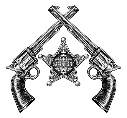 A sheriff star badge and pair of crossed hand gun pistols drawn in a vintage retro woodblock etched or engraved style