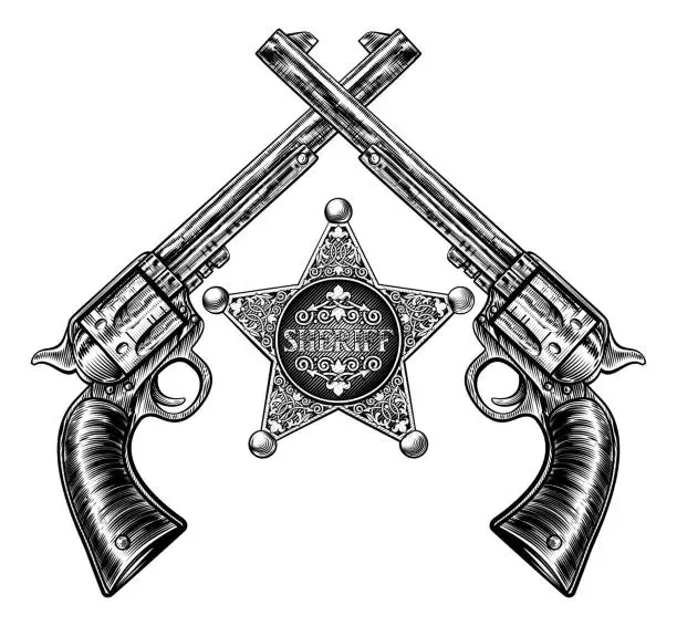 Vector illustration of Crossed Pistols and Sheriff Star Badge