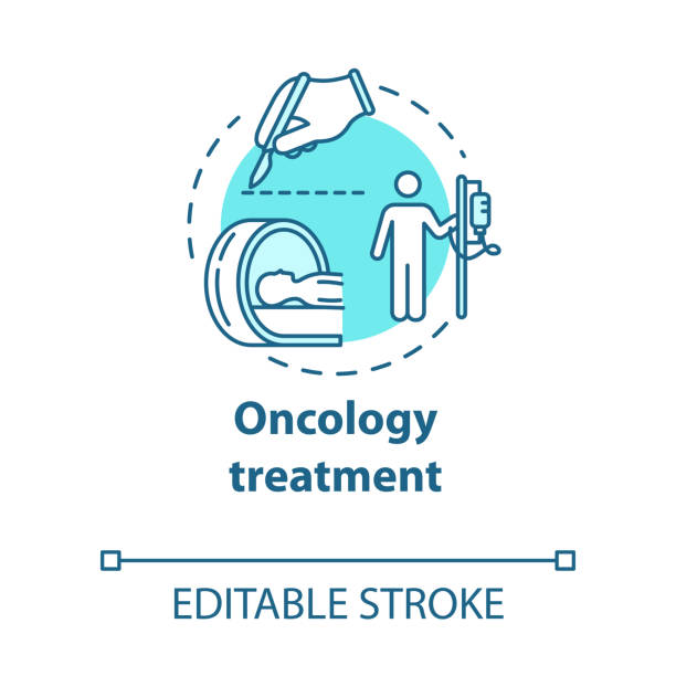 Oncology treatment concept icon. Chemotherapy, surgical and radiological treatment of cancer. Tumor cure idea thin line illustration. Vector isolated outline RGB color drawing. Editable stroke Oncology treatment concept icon. Chemotherapy, surgical and radiological treatment of cancer. Tumor cure idea thin line illustration. Vector isolated outline RGB color drawing. Editable stroke radiotherapy stock illustrations