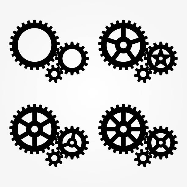 Including Mechanical Gear Sets, 4 Types. Mechanical sprocket gears sets, small, medium and large, 4 types, black silhouette. Isolated Vector illustration. gears stock illustrations