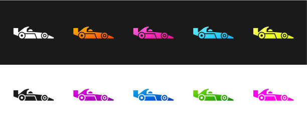 set formel 1 rennwagen-symbol isoliert auf schwarz-weiß hintergrund. vektor-illustration - racecar color image illustration technique speed stock-grafiken, -clipart, -cartoons und -symbole