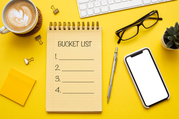 istock Bucket list ,plan, action text on notepad with office accessories.Business motivation, inspiration concepts stock photo 1227537653