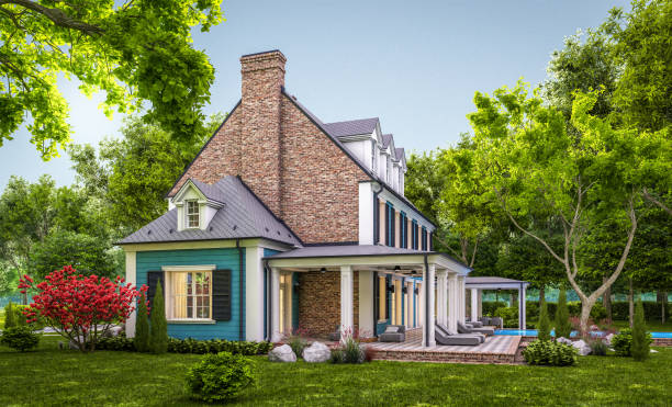 istock 3d rendering of modern classic house in colonial style in evening 1227537907