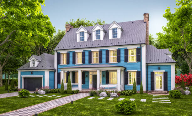 istock 3d rendering of modern classic house in colonial style in evening 1227537910