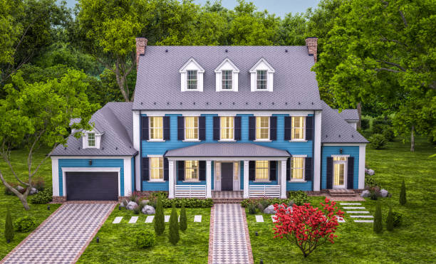 istock 3d rendering of modern classic house in colonial style in evening 1227537975