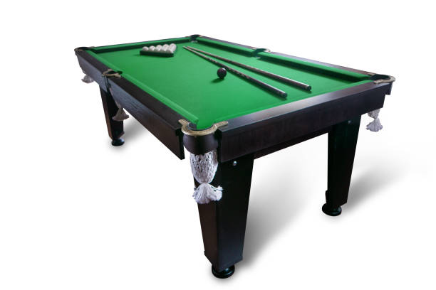 istock billiard table with balls and cue isolated on white background 1227538181