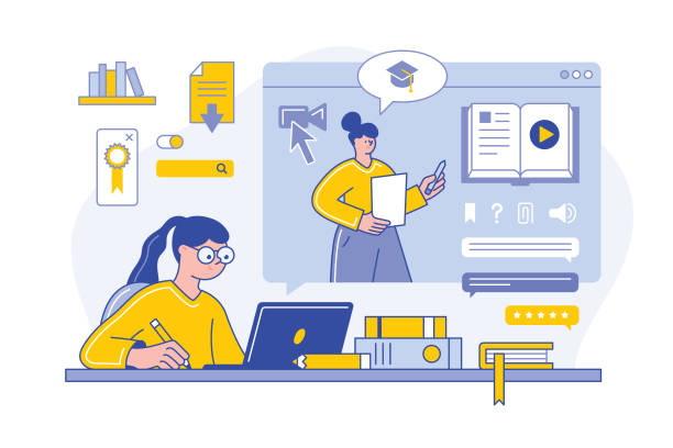 Online education Young woman with glasses studying online and making notes.
Editable vectors on layers. person writing in notebook stock illustrations