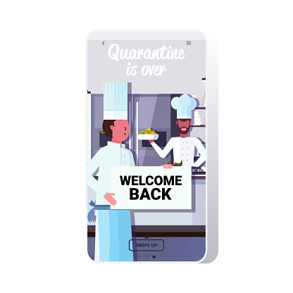 chef cooks holding welcome back sign board coronavirus quarantine is ending victory over covid-19 concept restaurant kitchen interior smartphone screen mobile app copy space vector illustration