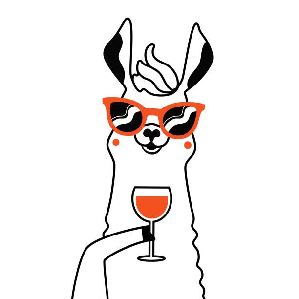 stockillustraties, clipart, cartoons en iconen met de illustratie van de vector van lama met rood glas wijn - drinking wine