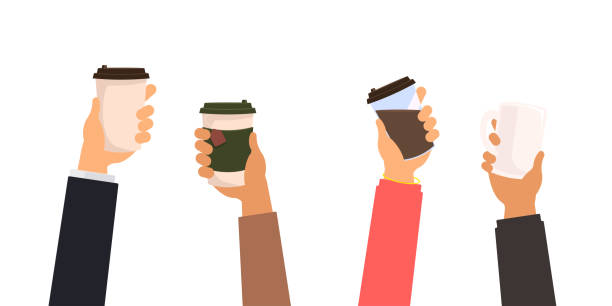 ilustraciones, imágenes clip art, dibujos animados e iconos de stock de muchas manos sosteniendo tazas de café y té, grupo de personas con tazas de llevar y la taza de oficina vector ilustración de conjunto aislado - coffee