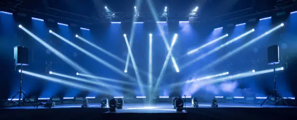 Photo of Stage for live concert Online transmission. Business concept for a concert online production broadcast in realtime as events happen. Stage for online live concert Concert live streams available online