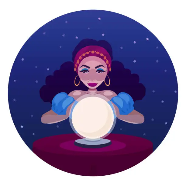 Vector illustration of Gypsy fortune teller with a crystal ball sitting at a table. A woman foreteller, witch, oracle. The girl medium predicts fate.