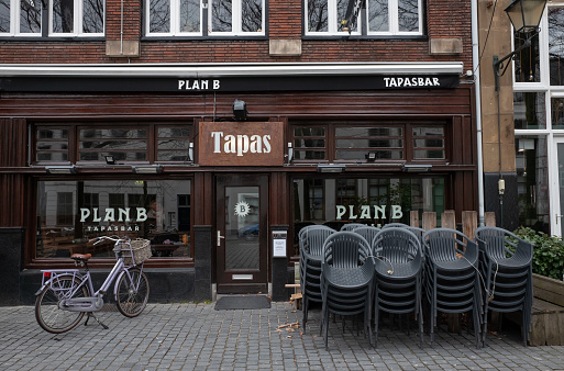 BREDA -28 MAY: view of empty restaurants on 28 May 2020 in Breda, The Netherlands. The COVID-19 pandemic has forced all restaurants to be closed. From June 1, 2020 restaurants are allowed to open again.