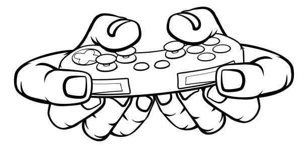 Gamer Hand Holding Video Gaming Game Controller A gamer hand holding video gaming game controller coloring book page illlustration technique illustrations stock illustrations