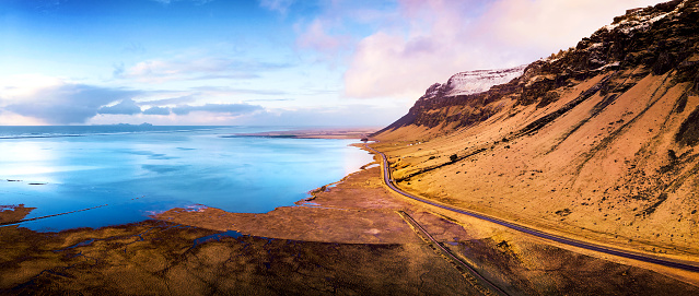 Scenic road in Iceland with stunning environment aerial view
