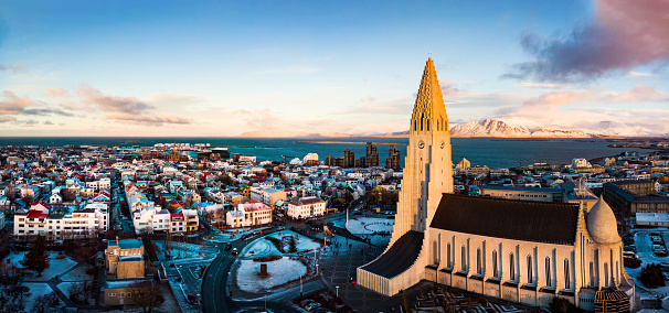 Hallgrímskirkja church and Reykjavik cityscape in Iceland aerial panoramic view