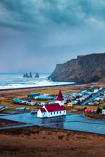 Famous view of small town of Vik in south Iceland on the golden circle