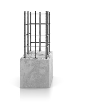 Rebar steel in reinforced concrete block on white background. 3D render.